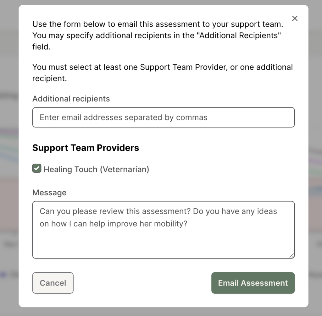 An image showing Hospet's functionality to easily email your pet's support team